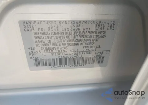 2018 Nissan Sentra Sv z USA, uszkodzony, nr VIN 3N1AB7AP9JY225837